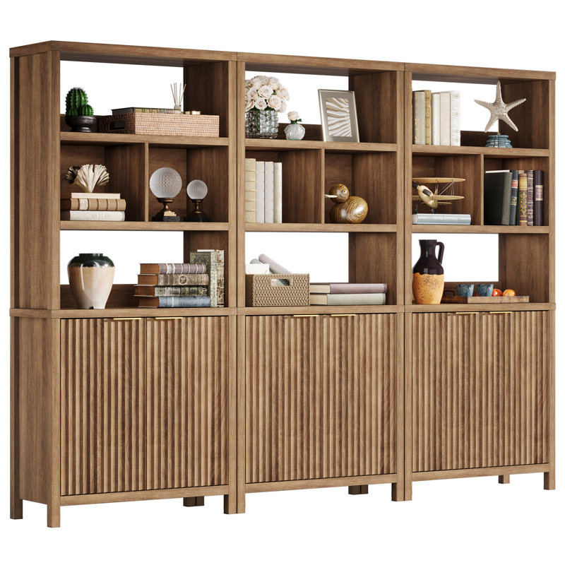 71" Tall Book Shelf With Cabinet 5 Tier Fluted Bookcase With Doors, Set of 3