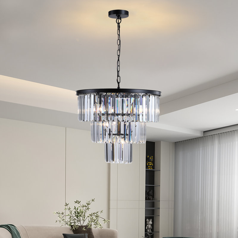 Superbe lustre en métal noir cristal à 3 niveaux pour les espaces de vie