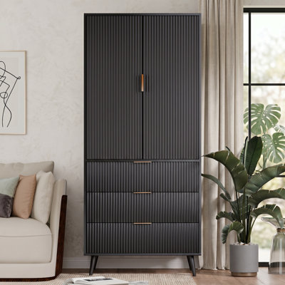 Grande armoire de rangement avec tiroirs et tablettes réglables, armoire d'appoint à panneau cannelé avec poignées dorées pour le salon, la cuisine ou le vestibule