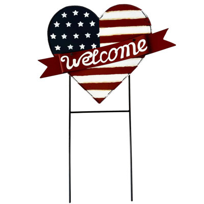 American Flag Heart Welcome Sign, Metal Garden Stake, Patriotic Yard Decor, 22.5" X 16