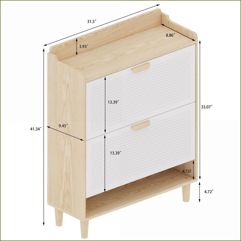 Shoe Cabinets Narrow with 2 Flip Drawers Solid Wood Legs 31.5”x9.5”x41.3” Inches Entryway Organizer | White | Scandinavian Style