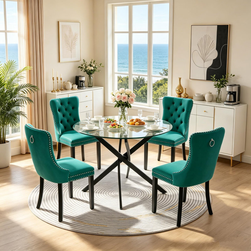 Ensemble de table à manger ronde 5 pièces pour 4 personnes, table de cuisine ronde en verre de 91 cm avec base en métal en forme de X et 4 chaises capitonnées en velours (ensemble de 5)