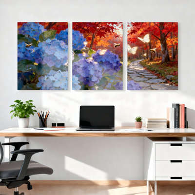 Hydrangea and Autumn Forest Canvas Wrapped Wall Art, Set of 3 Panels, Vibrant Floral Landscape for Living Room or Bedroom Decor