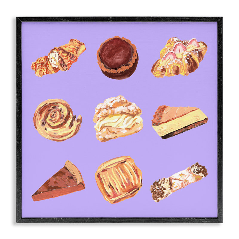 Délicieuses pâtisseries sur giclée mauve, design par Melissa Wang, Giclée encadrée noir minuit, H 12 po x l 12 po