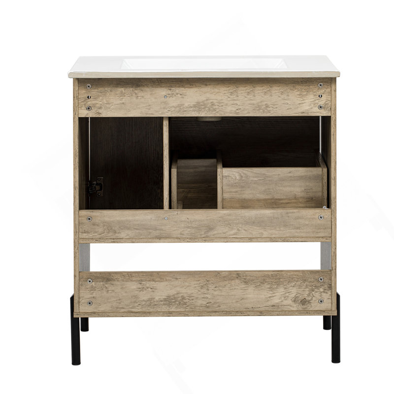 Meuble-lavabo moderne en bois de 30 po, armoire de salle de bain avec tiroir coulissant, armoire de rangement de salle de bain avec lavabo en céramique, meuble-lavabo simple avec portes et tablette ouverte