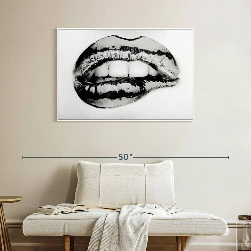 Lèvre mordante monochrome, Cadre flottant blanc, 40 po x 27 po
