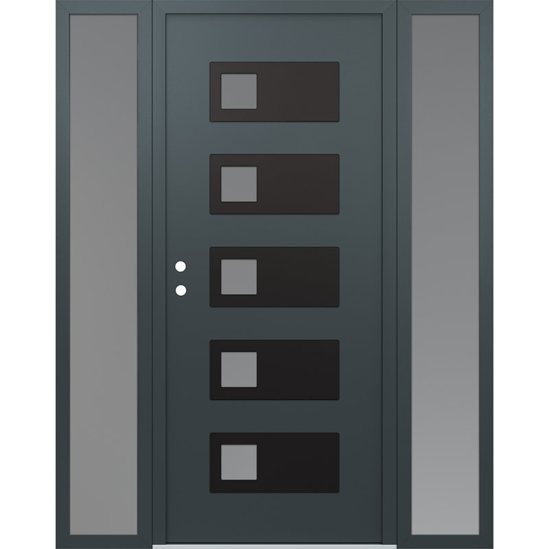 D2 64 po. X 80 po Panneau d'entrée en acier noir anthracite et verre givré anthracite avec 2 portes avant en verre givré