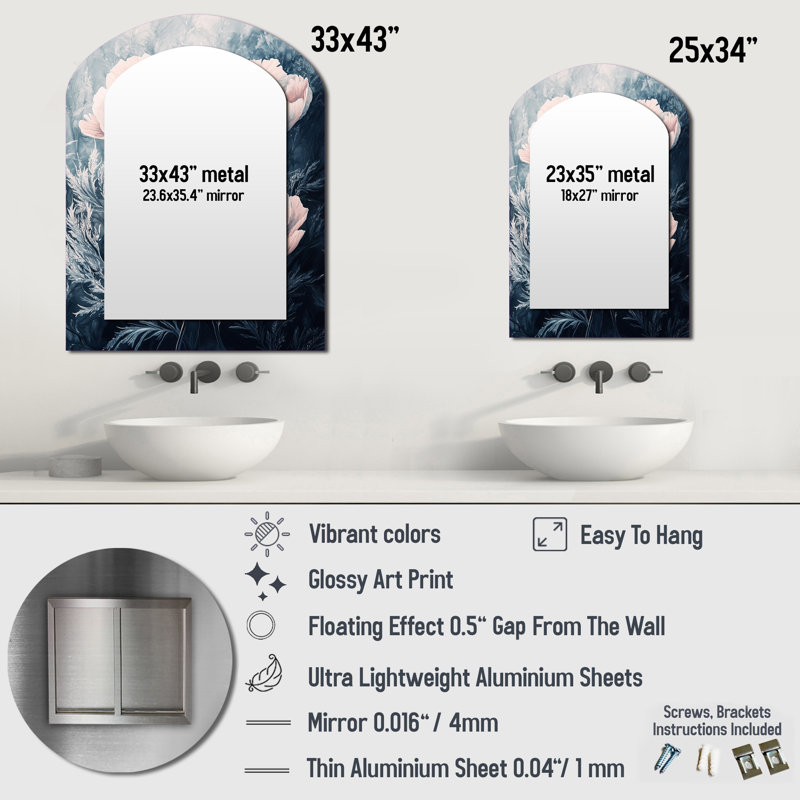 Frosty Field Peonies Elegance III - Peonies Arch Wall Mirror, Traditional Asymmetrical Decorative Mirror, Printed Metal Art