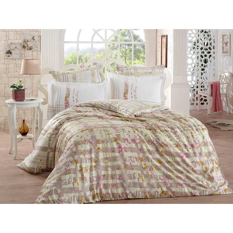 Ensemble de housse de couette 100% coton blanc / beige / rose Sibert 6 pièces
