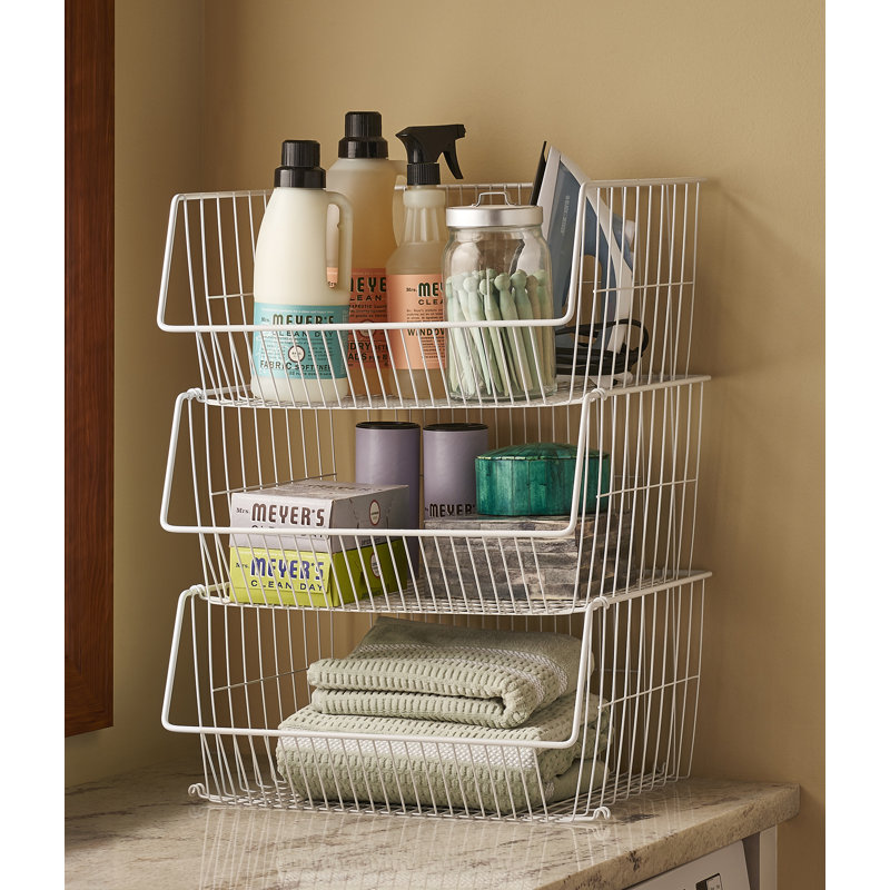 White Steel Stack or Mount Wire Storage Basket