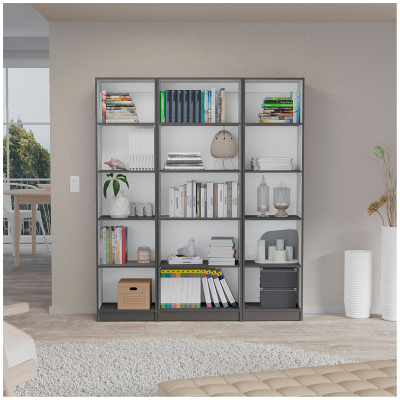 Bartow 3 Piece Home Bookcase Set, 60" Wide With 15 Shelves ,  Living Room Set Set Matt Grey - White, White/Grey