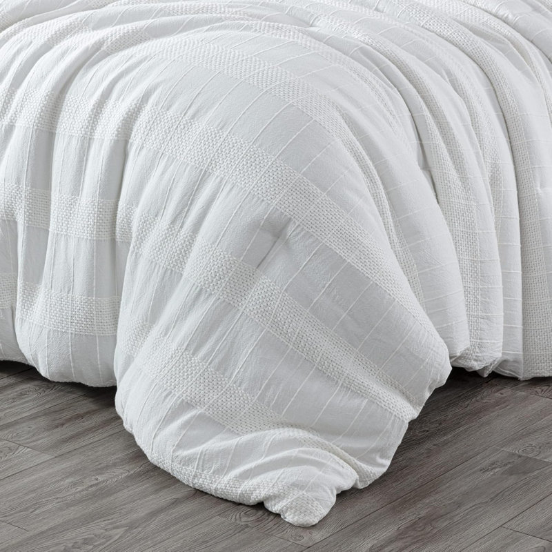 Yuki Basketweave Clip Jacquard Cotton Comforter Set, King Comforter+2 King Shams+1 Throw Pillow