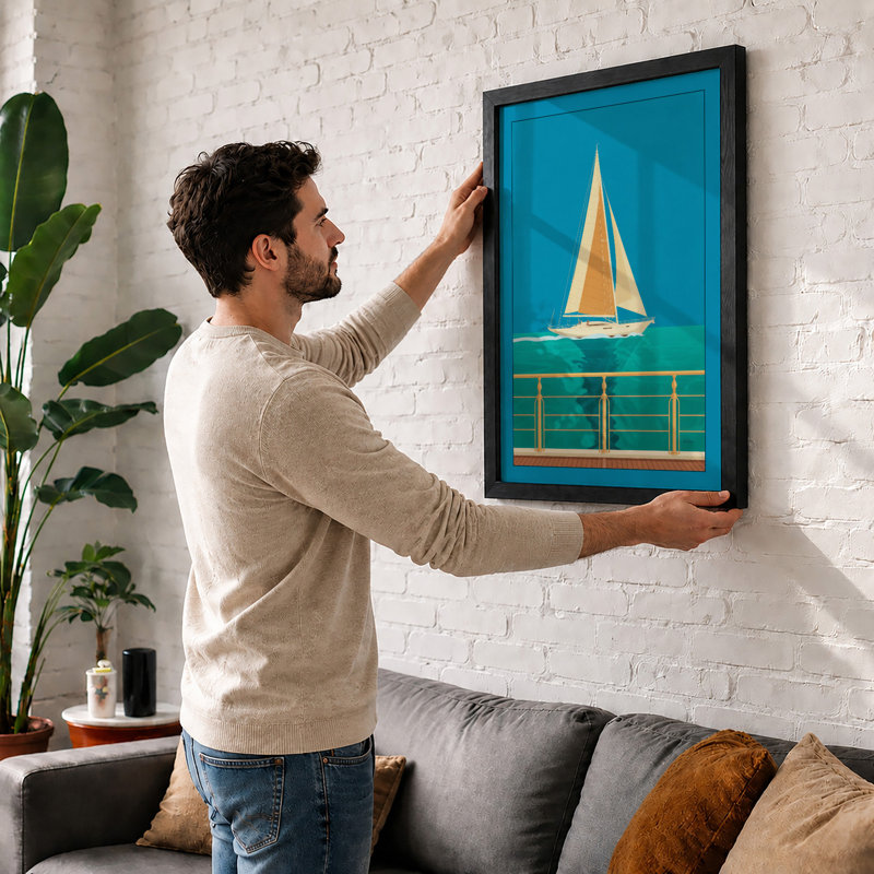 Sailboat at the Pier Coastal - Framed Print, A4 - 29.7 x 21.0 cm, Walnut
