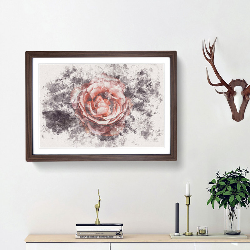Pink Tipped Rose Flower - Framed Print, 24cm H x 33cm W x 2cm D, Walnut Framed