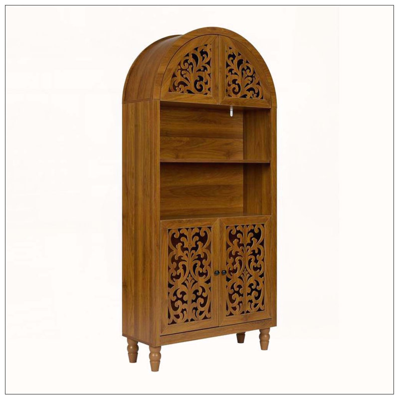 Bibliothèque 66 po de hauteur avec bibliothèque ouverte et armoire arquée en bois sculpté