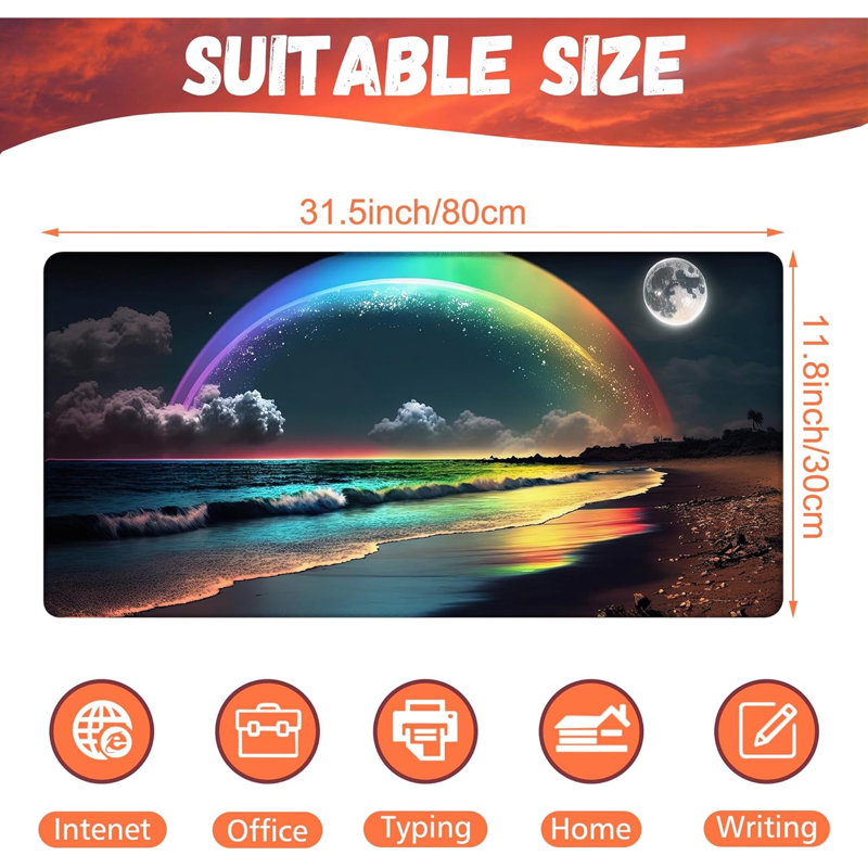 Tapis de bureau, tapis de souris de jeu grand format « Plage nocturne » avec motif arc-en-ciel et pleine lune, 30,1 x 70 cm (11,87 x 27,56 pouces), idéal pour les jeux vidéo. Base antidérapante et bords cousus.
