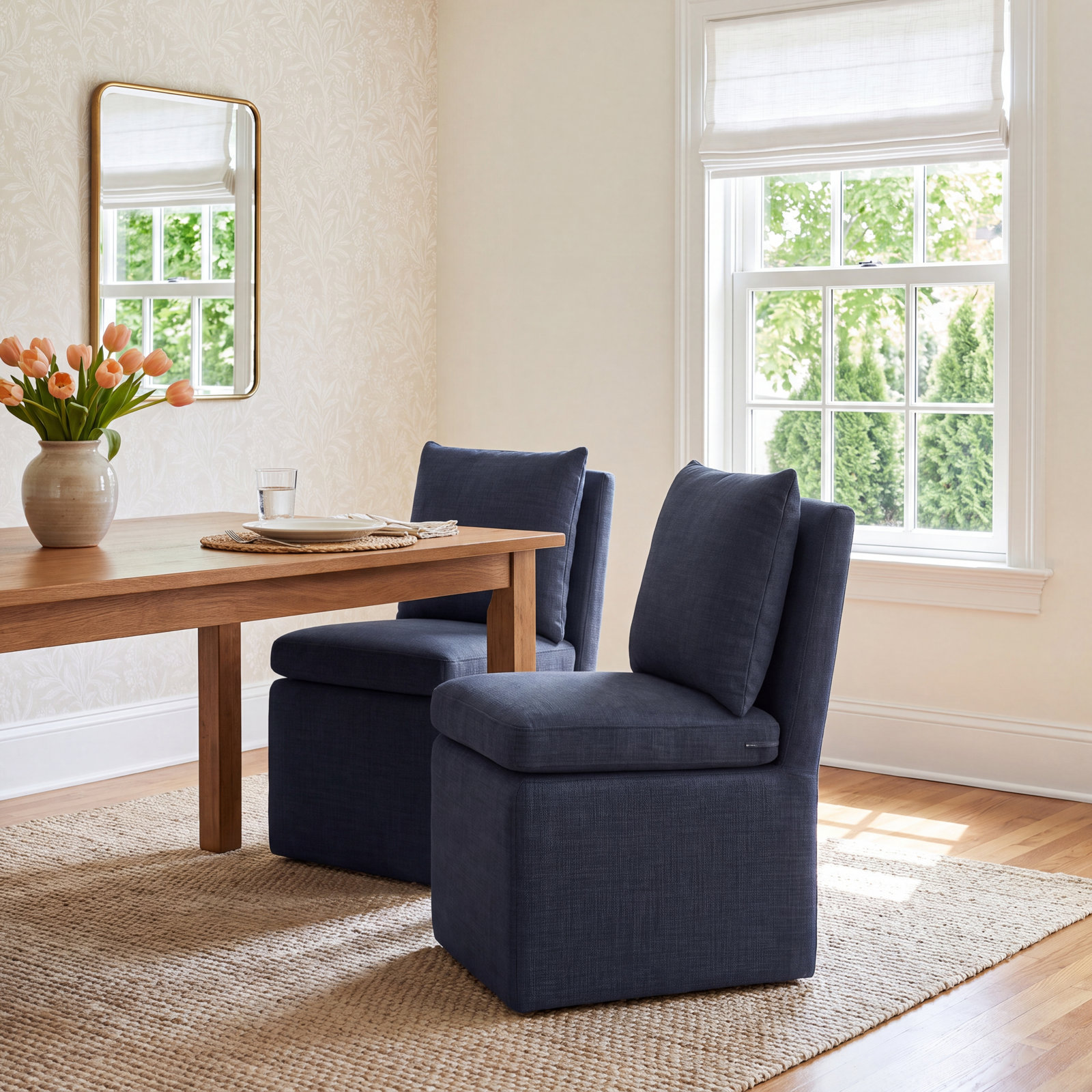 Alayaa Upholstered Dining Chair with Casters, Effie Indigo Performance Linen