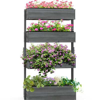 Boîte à fleurs verticale à 4 niveaux, extérieur en bois pour fleurs, légumes, herbes, auto-drainant avec non tissé, pot de fleurs gris, plantes, tissu non tissé, teinté