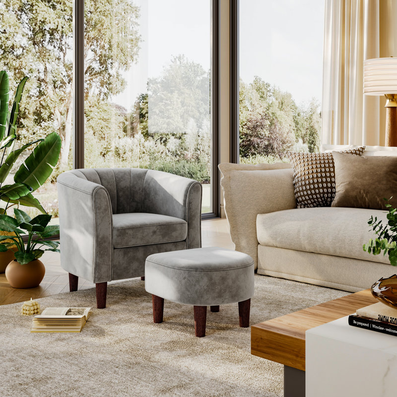 Fauteuil demi-tonneau rembourré avec repose-pieds 27,4 po Torince, H 26,8 po x l 27,4 po x P 25,6 po, Velours gris Sena