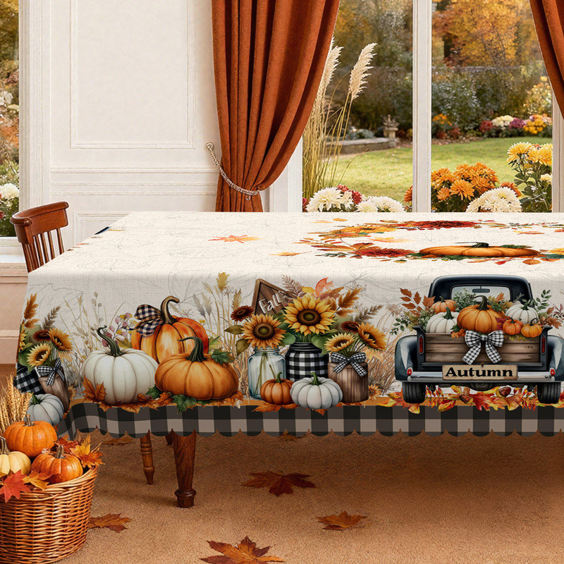 Autumn Harvest Pattern Design Washable Polyester Tablecloth for Daily Home Use, 70.8" L x 55.12" W