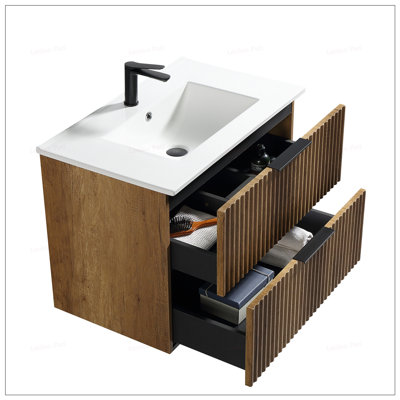 Meuble-lavabo mural moderne avec grands tiroirs et panneaux 3D sculptés pour un rangement et un style améliorés