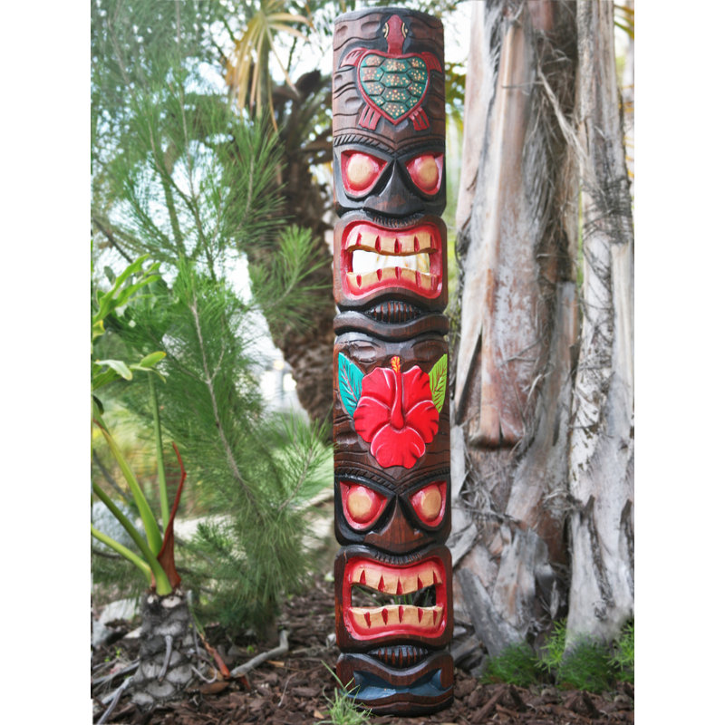 Hand-Carved Tropical Tiki Mask with Turtle and Hibiscus Flower