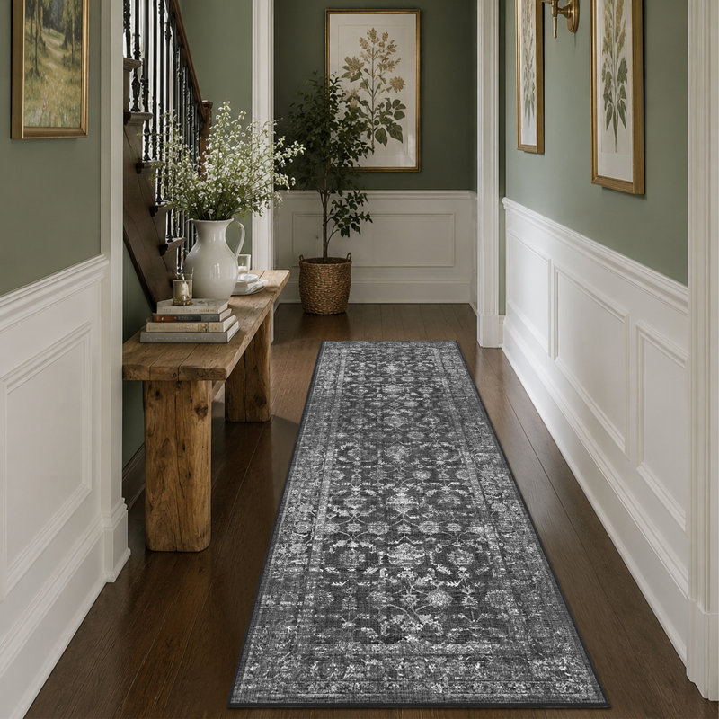 Vintage Boho Area Rug - Washable Non Slip Low Pile Rug, Runner 2' x 6', Black