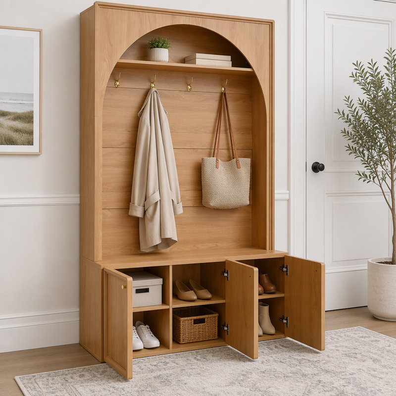 Arbre d'entrée tout-en-un avec tablettes réglables, banc de rangement pour hall d'entrée arqué rétro avec 3 armoires, Naturel