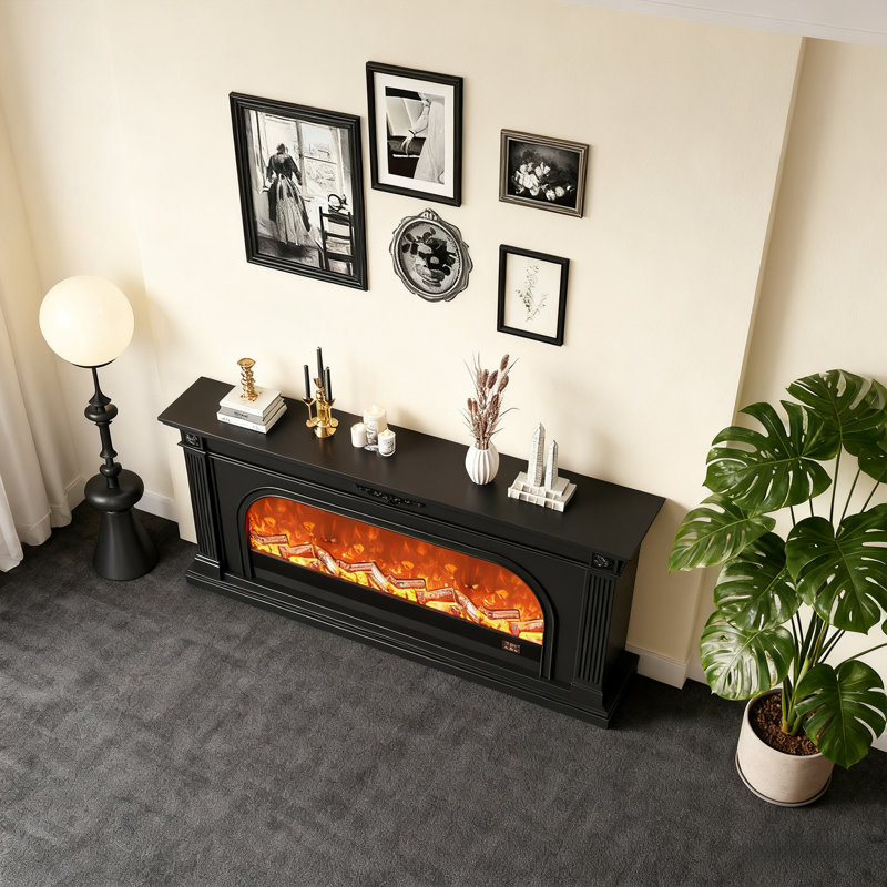 Armoire pour foyer 78,74 "American Light Luxury, blanc / noir optionnel, bois de chêne massif, foyer arqué, chauffage électronique à flamme simulée pour le salon et l'entrée