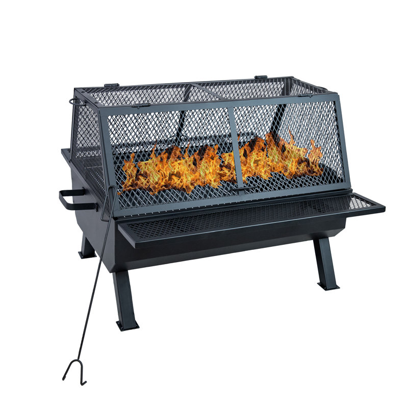 Black Steel Outdoor Fire Pit with Grill and Spark Screen