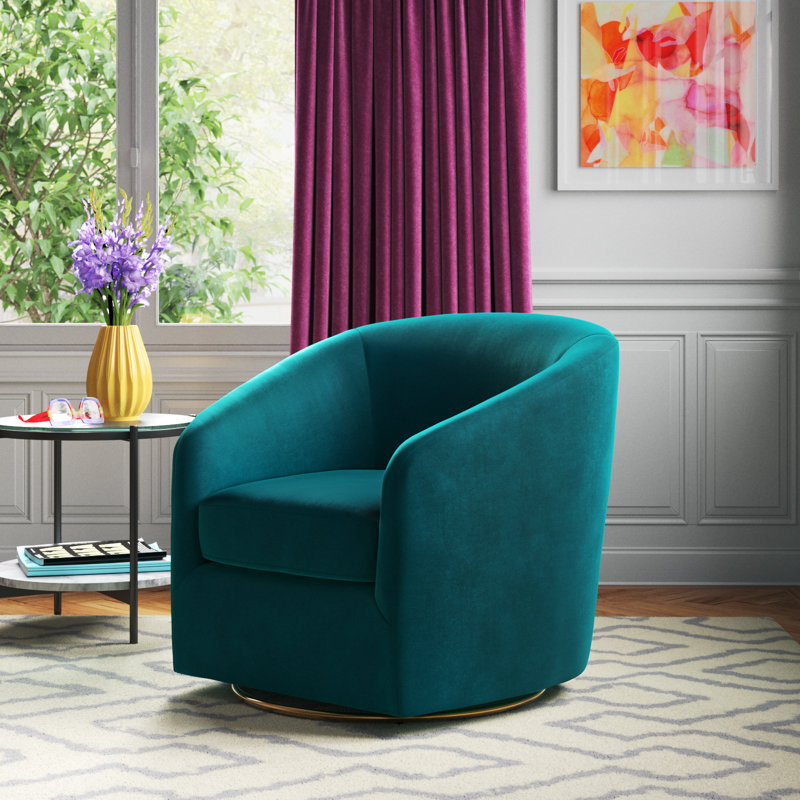 Holden 31.5" Wide Velvet Swivel Barrel Chair, Velours sarcelle