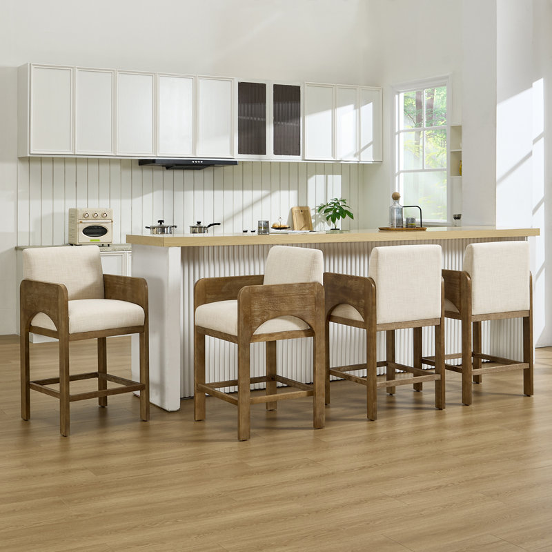 Upholstered Seat Counter Stool With Solid Wood Frame, Arch-Shaped Arm Bar Height Counter Stool For Kitchen/Dining Room/Restaurant