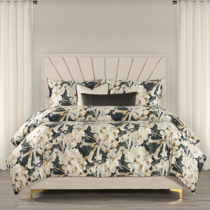 Polyester Floral Duvet Cover & Insert Set, Queen Duvet + 2 Shams + 2 Throw Pillows, Golden/Gray