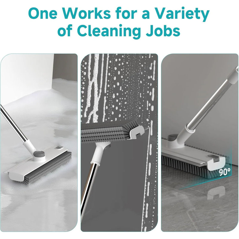 Brosse à récurer réglable à long manche - brosse à récurer robuste à poils longs 3-en-1 avec raclette pour carrelage, terrasse, salle de bain, garage et cuisine (blanc)