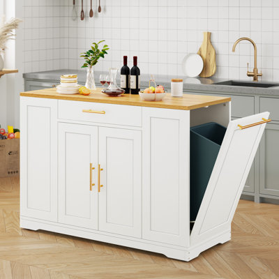 Cushing Rolling Kitchen Island with Wood Top & Trash Can Storage Cabinet by Willa Arlo Interiors