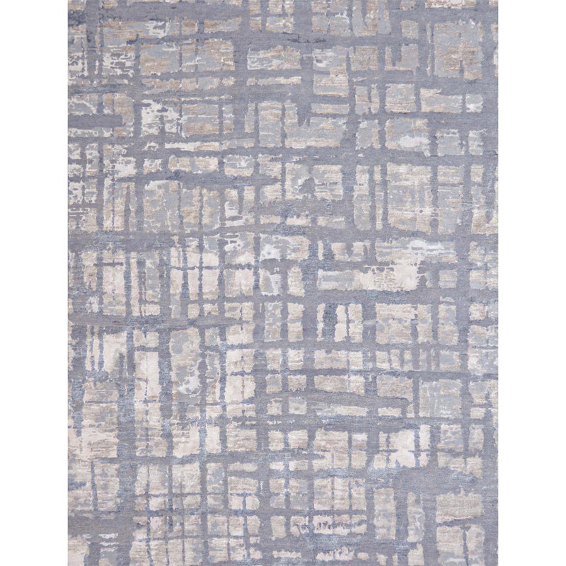 Tapis argenté et gris de haute qualité noué à la main Windsom, Rectangle de 5 pi x 8 pi
