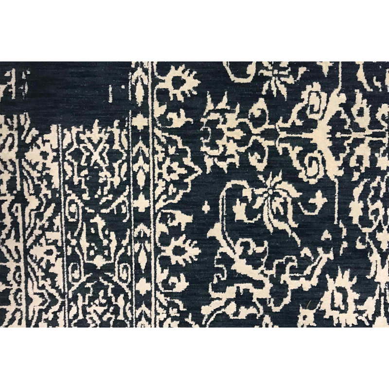 Tapis bleu foncé et argent noué à la main de haute qualité