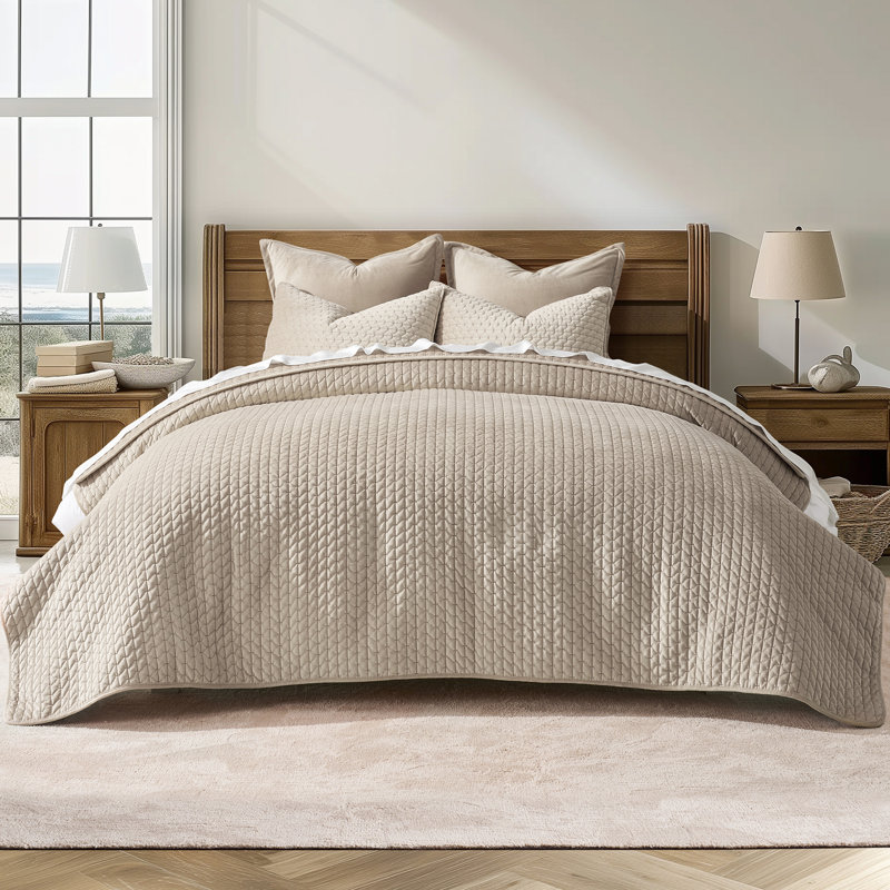Cross-Stitch Velvet Quilt Set 3 Pieces, Light Taupe, King Quilt + 2 King Shams
