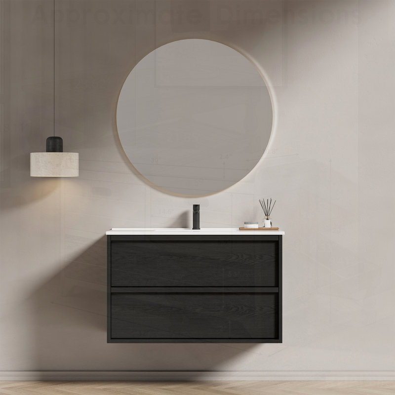 Meuble-lavabo de salle de bain avec lavabo en céramique - Conception cannelée flottante murale grise, solution de rangement moderne