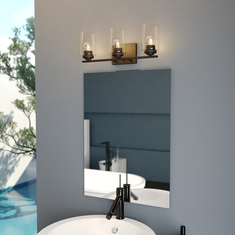 Hitchin Transitional Bathroom Vanity Lighting Fixture, Clear Glass Cylinder Shade, Dimmable, LED Compatible, Reversible Over The Mirror Mounted Steel Wall Sconce