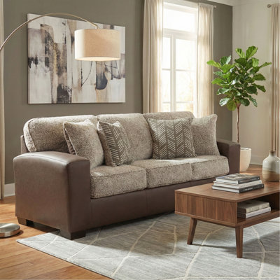 Marvella Living Room Sofa with Chocolate Faux Leather Upholstery and Curly Shearling Cushions