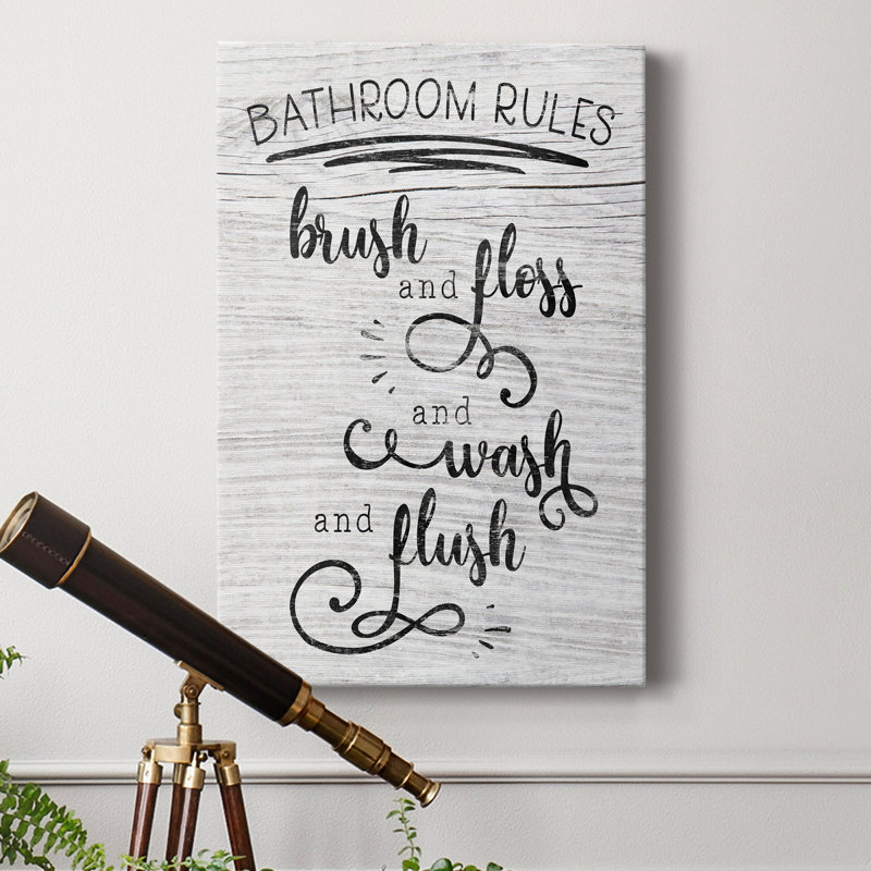 «Bathroom Rules», art textuel sur toile tendue, H 27 po x l 18 po x P 1 po