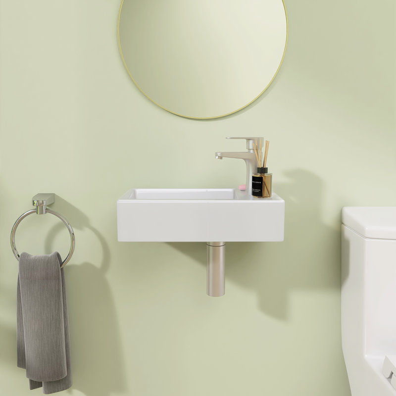 14.56" W X 7.63" D Wall-Mounted Ceramic Bathroom Sink Small Rectangular Wall Hung Sink RV White Floating Vessel Sink with a Right Faucet Hole