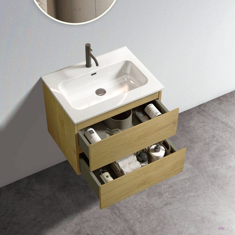 Meuble-lavabo mural 24 po avec lavabo en céramique avec un trou de robinet, grand meuble-lavabo flottant de rangement pour salle de bain moderne, pré-assemblé