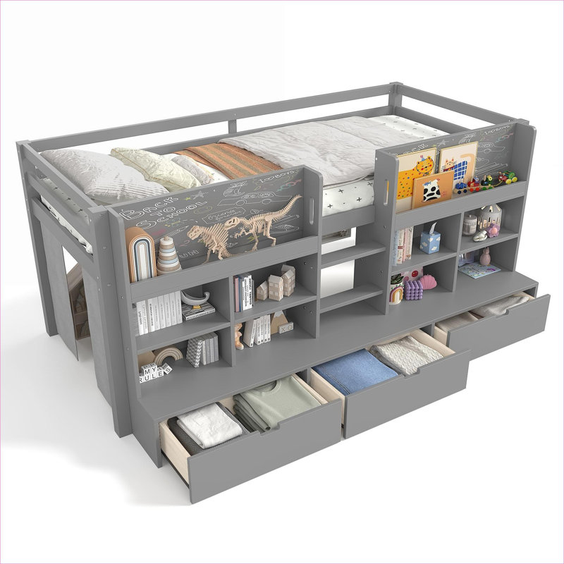Solid Pine and Plywood Low Loft Bed for Kids Bedroom, Gray-Toned Twin XL With Built-in Storage And Play Corner