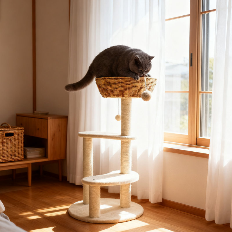 35.5" Handwoven Cat Tree Tower with Cozy Baskets, Scratching Posts & Plush Perches – Multi-Level Cat Condo for Small Spaces