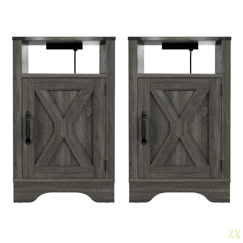 Table de chevet Farmhouse, table de bout rustique en bois, table de chevet haute avec prises de courant (2 ensembles)