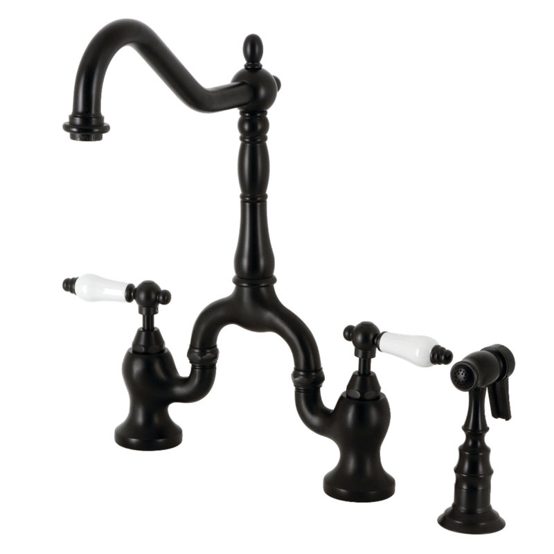 Kingston Brass English Country Two-Handle 3-Hole Deck Mount Bridge Kitchen Faucet with Brass Side Sprayer, Matte Black