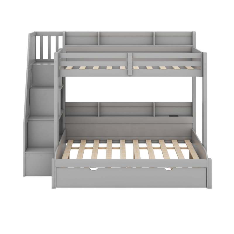Lit superposé avec escalier de rangement, lit gigogne, tablettes intégrées et port USB, cadre de lit superposé en bois avec DEL