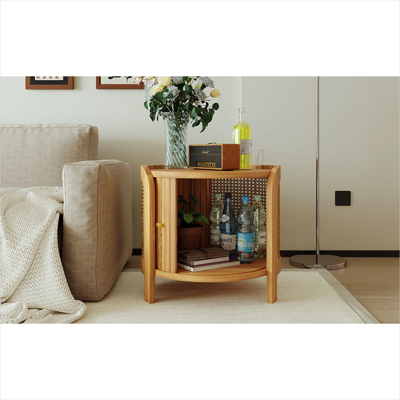 Table basse ronde 19,7 pouces avec plateau rotatif, décor en rotin et rangement caché, brun chaud